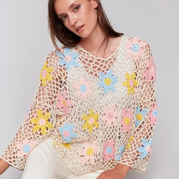 CHARLIE B Pink and Blue Flutter Sleeve Cropped Blouse - Picture 4 of 6